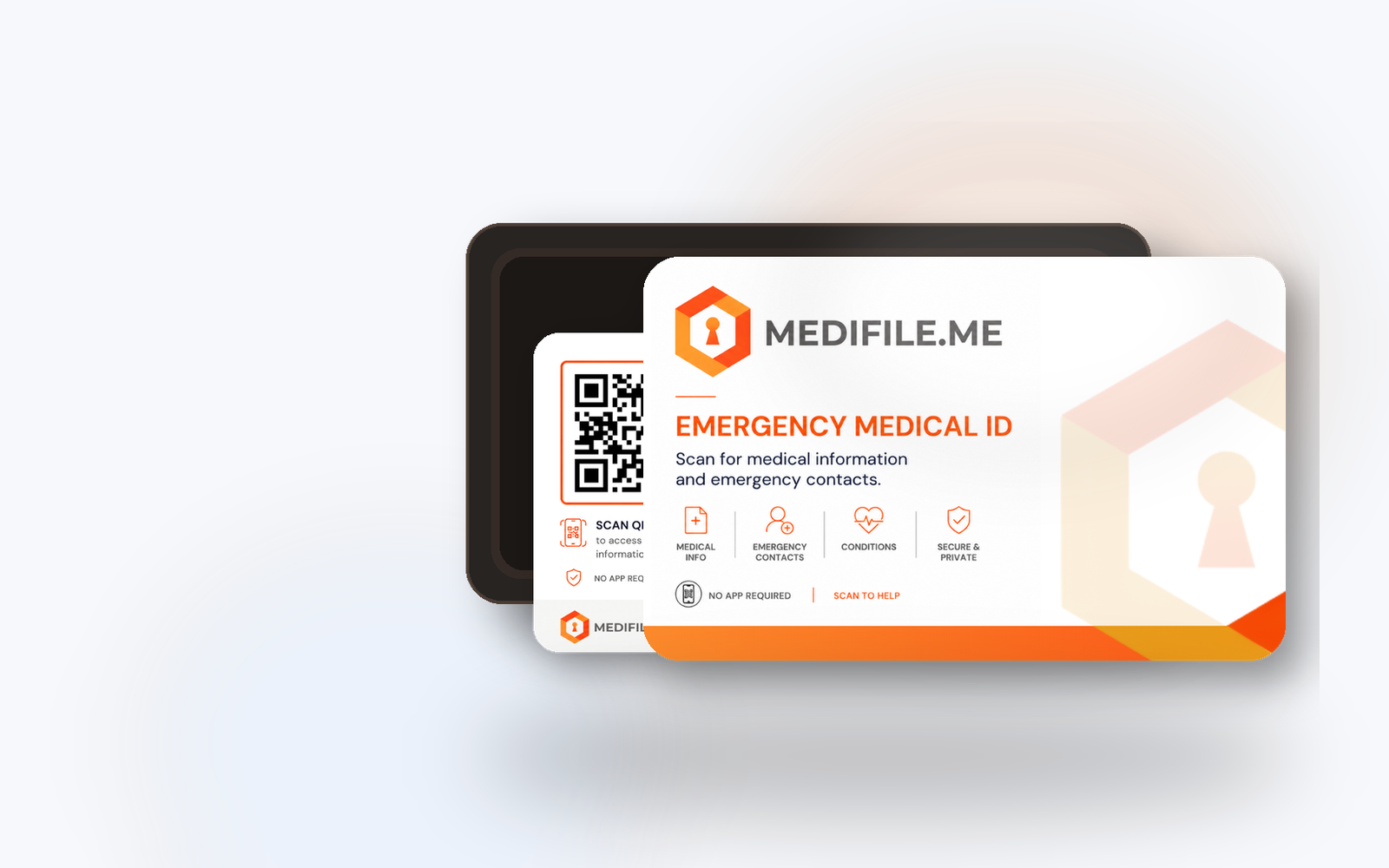 MediFile emergency card front and back shown with the back card partially tucked into a wallet
